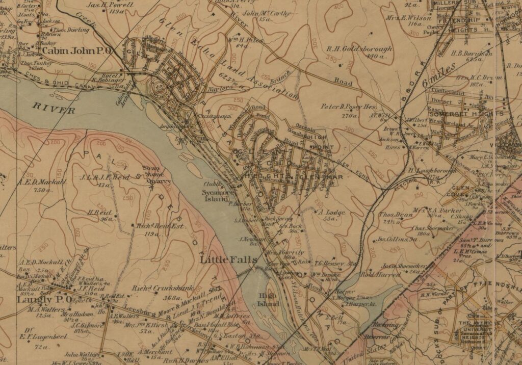 1894 Hopkins map of Conduit Road showing Hotel R. Bobinger at Cabin John Bridge, Rock Spring Hotel and River View Hotel