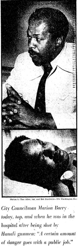 Two newspaper photos of D.C. Councilman Marion Barry: seated with hands clasped in April 1977, and lying in a hospital bed after he was shot during the Hanafi siege.