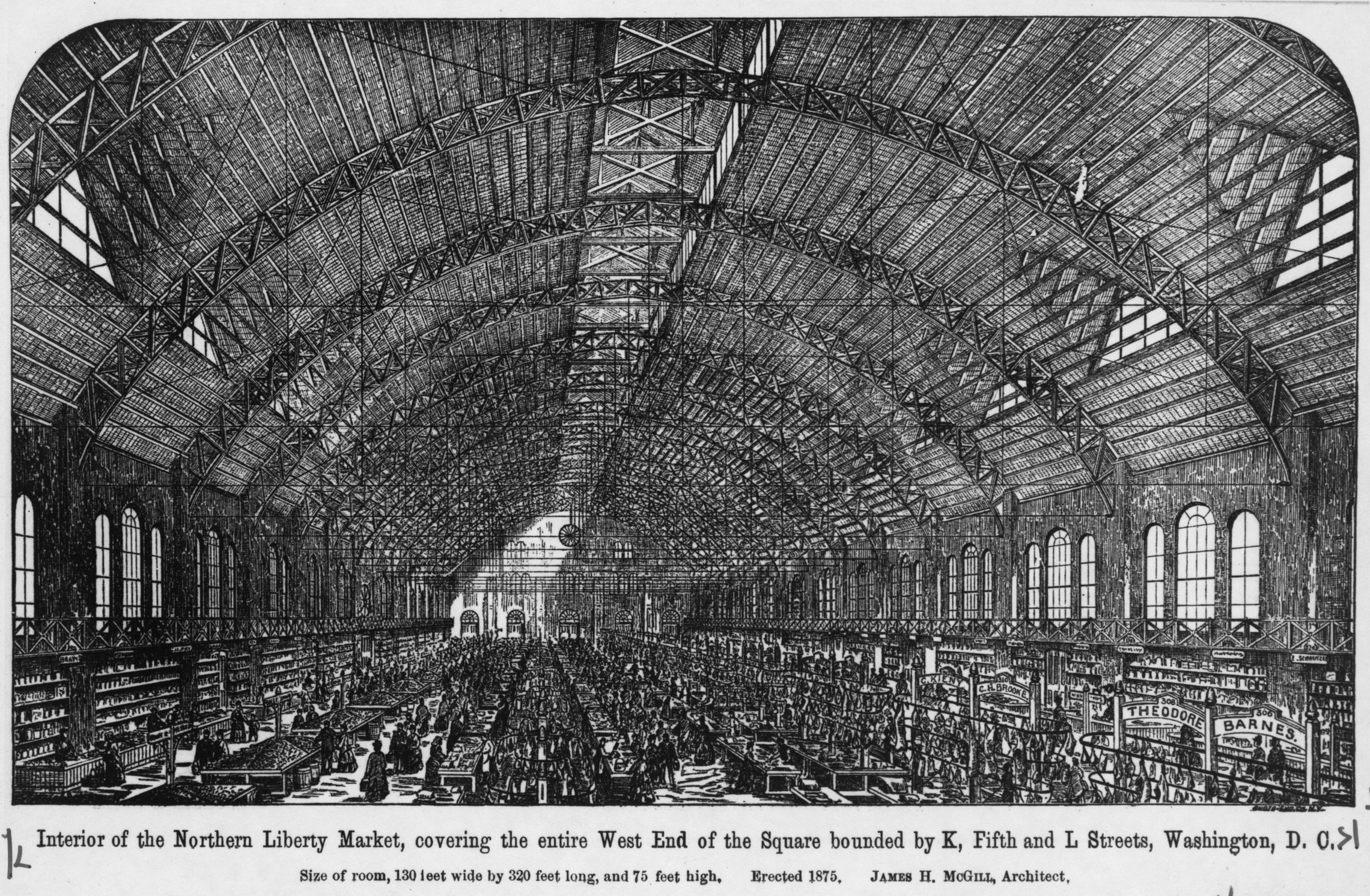 Engraving of the interior of the Northern Liberty Market in 1875, a vast hall under arched iron roof trusses with rows of market stalls and crowds of shoppers