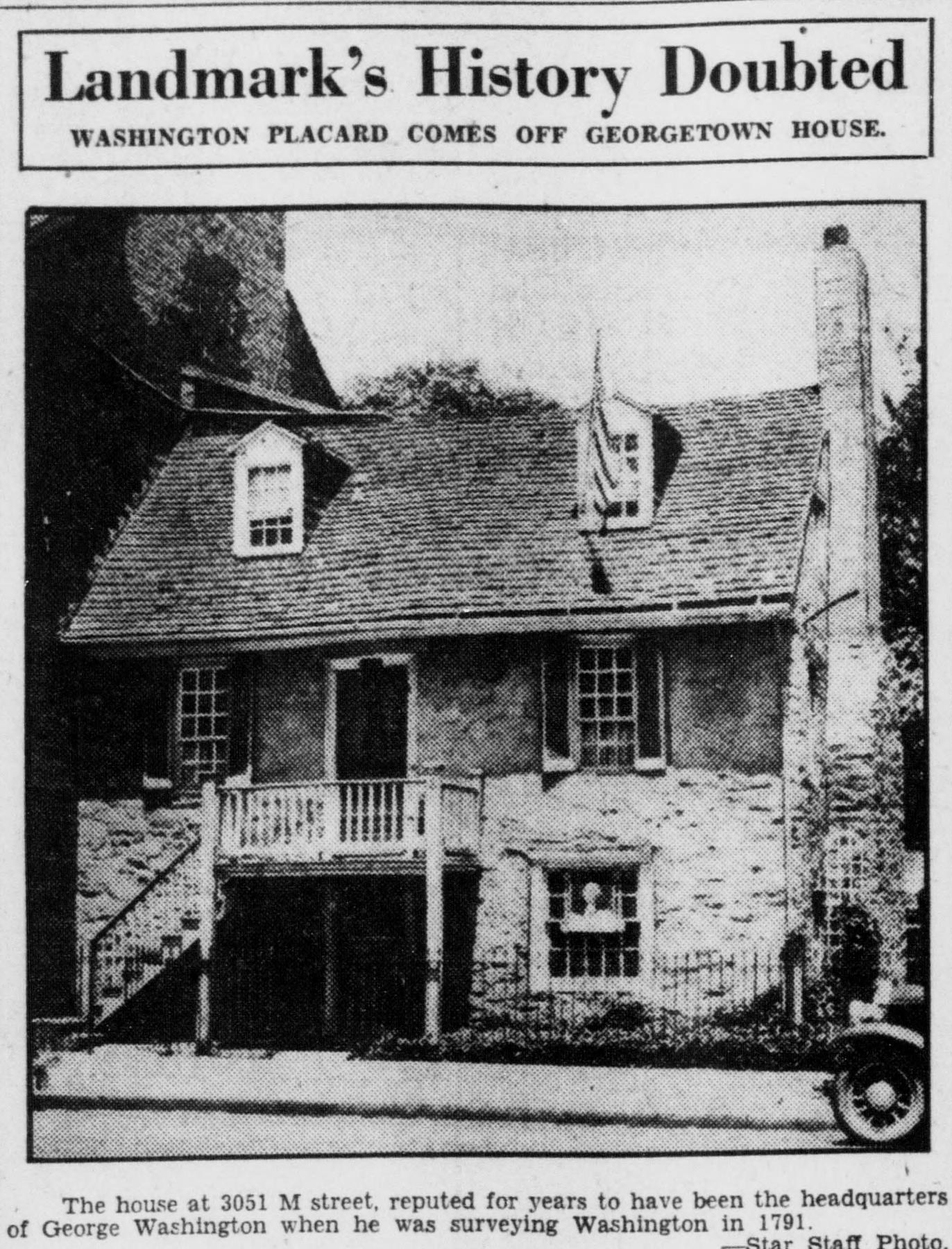 Evening Star clipping headlined Landmark's History Doubted, with a photo of the Old Stone House and a flag hanging from a dormer