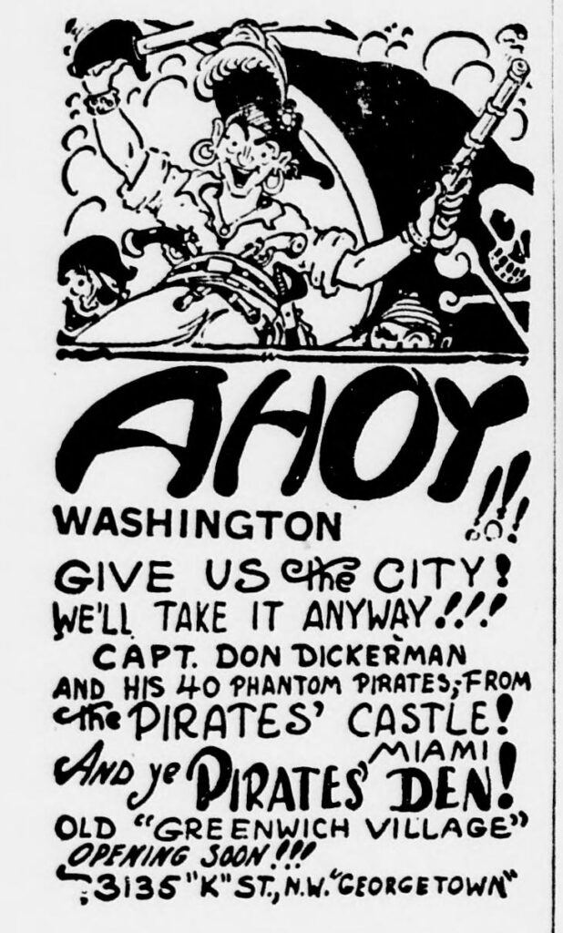 1939 Evening Star ad for Capt. Don Dickerman's Pirates' Den at 3135 K Street NW Georgetown