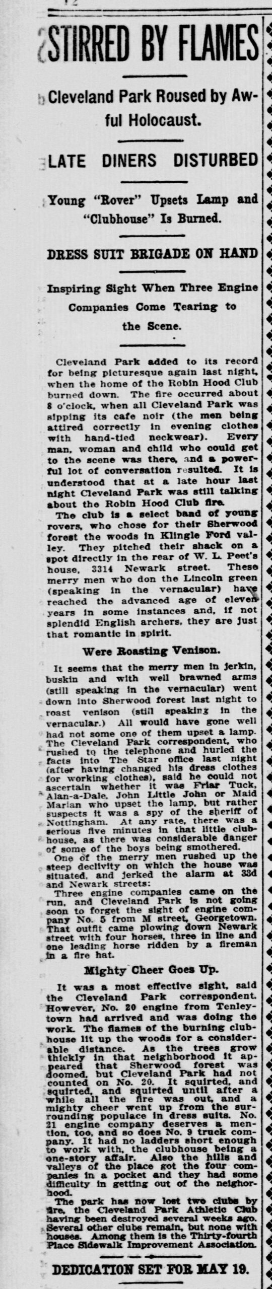 Evening Star article of March 31, 1912 describing the Robin Hood Club shack fire behind 3314 Newark Street