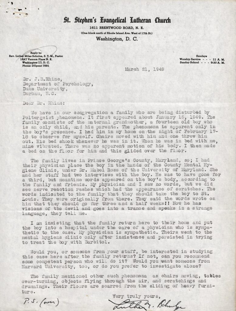 Typed letter on St. Stephen's Evangelical Lutheran Church letterhead to Dr. J.B. Rhine, dated March 21, 1949