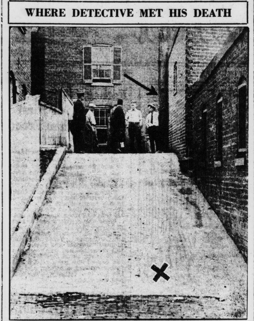 1926 Evening Star photo of the Georgetown alley off N Street, with an arrow toward the garage entrance and an X where Detective Scrivener's body lay