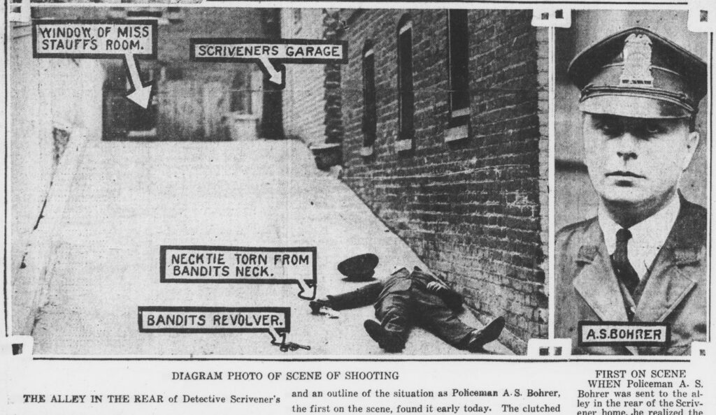 Washington Times 1926 staged diagram photo of the alley, labeling Mrs. Stauff's window, Scrivener's garage, the necktie and the revolver, beside Policeman A. S. Bohrer