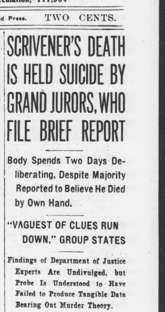 Evening Star front page headline of December 18, 1929: Scrivener's Death Is Held Suicide by Grand Jurors, Who File Brief Report