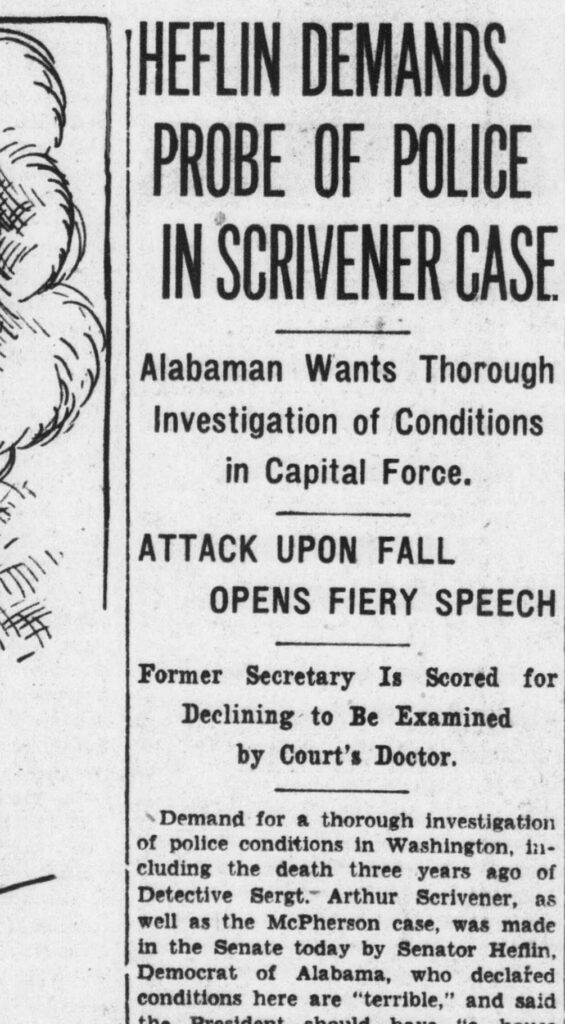 Evening Star front page headline of October 14, 1929: Heflin Demands Probe of Police in Scrivener Case