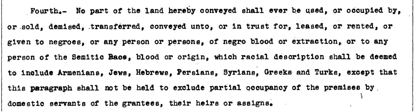 Typed 1941 deed covenant barring negroes and any person of the Semitic Race, defined to include Armenians, Jews, Hebrews, Persians, Syrians, Greeks and Turks