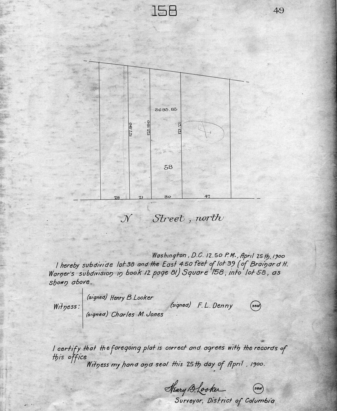 April 25, 1900 surveyor plat by F. L. Denny creating lot 58 in Square 158, the future 1739 N Street NW