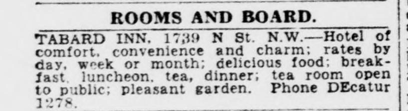 Tabard Inn classified ad in the Evening Star, June 20, 1933