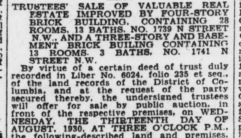 Evening Star trustees' sale notice for 1739 and 1741 N Street NW, August 1930