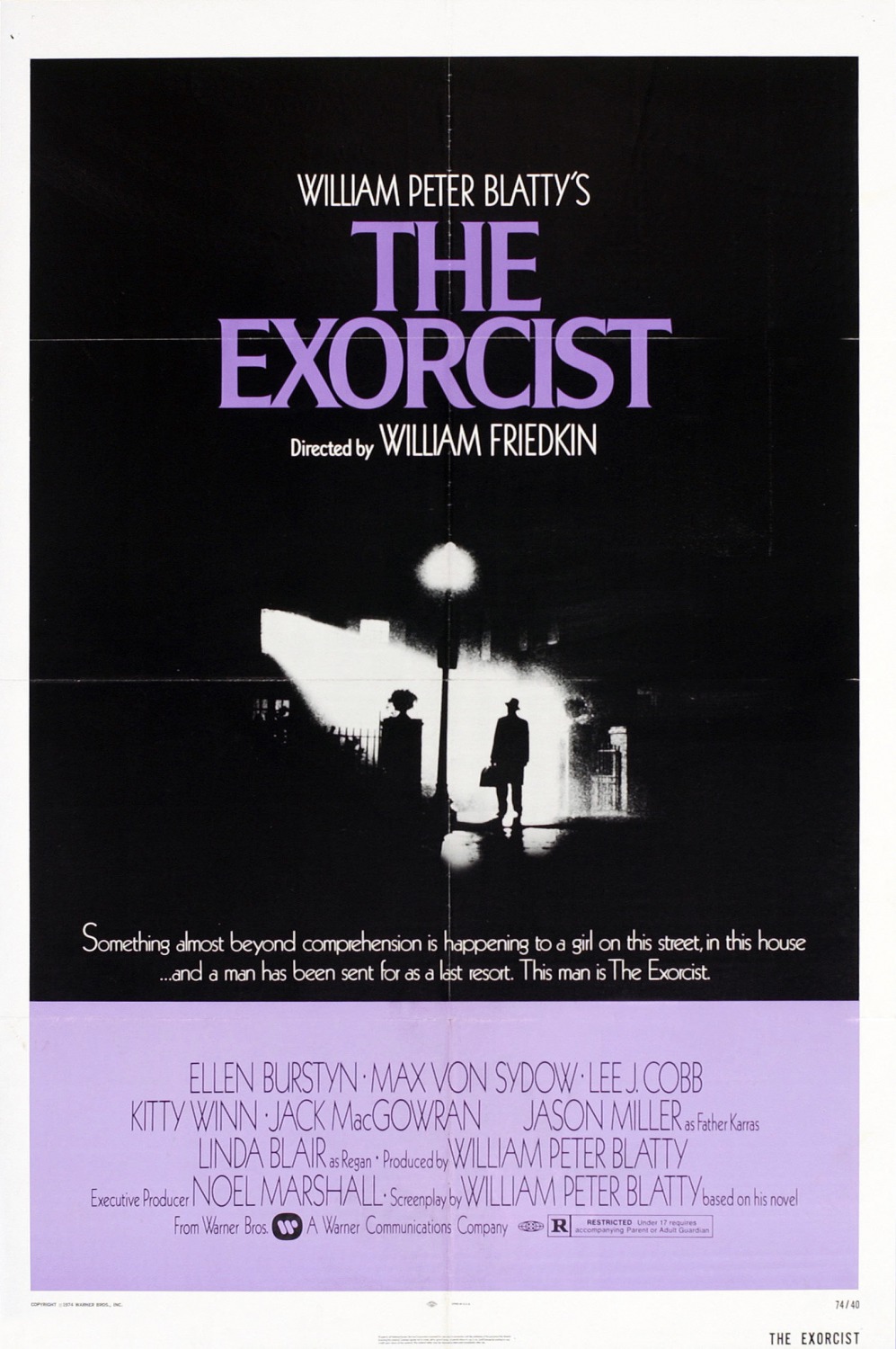 Original 1973 theatrical poster for The Exorcist: a man with a hat and bag silhouetted under a streetlamp in front of a lit house