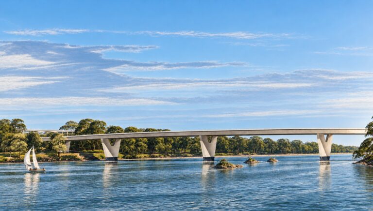 AI-colorized version of the 1960s rendering of the proposed Three Sisters Bridge over the Potomac, with the Three Sisters islands below