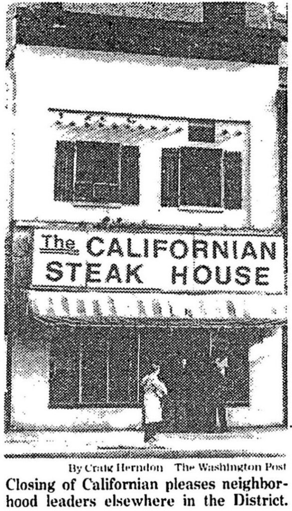 Newspaper photo of the Californian Steak House storefront with its large sign and awning