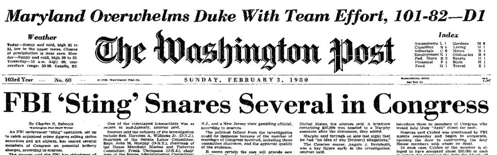 Washington Post front page of Sunday, February 3, 1980, with the banner headline FBI Sting Snares Several in Congress