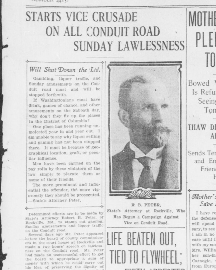Washington Times front page, July 15, 1906: Starts Vice Crusade on All Conduit Road Sunday Lawlessness, with portrait of State's Attorney R. B. Peter