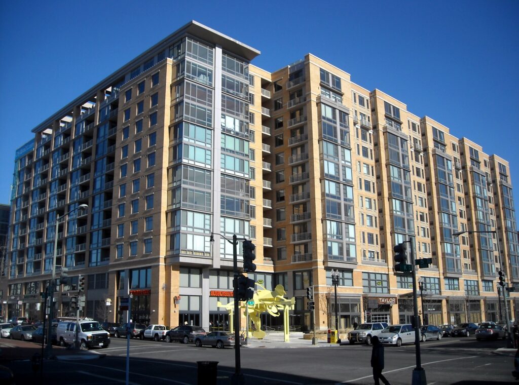 The CityVista apartment and retail buildings at 5th and K Streets NW in 2010, on the site of the Northern Liberty Market