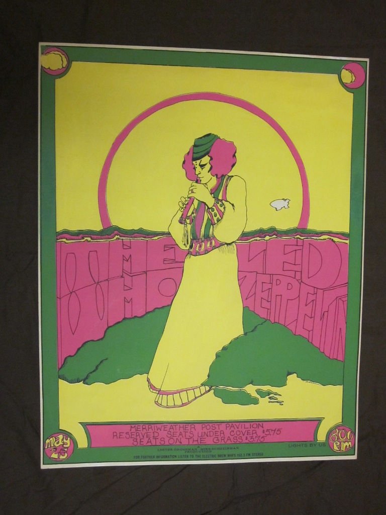 A psychedelic pink, yellow and green concert poster showing a woman in a long dress.