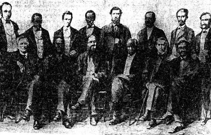 The jury that tried Millie Gaines in 1869 for the murder of a white man, and freed her on an insanity please. It was composed of six colored and six white men. This was the first murder trial in the District in which a mixed jury sat. Reading from left to right seated; 2, David Fisher; 4, the Rev. James D. Reed; 6, Leonard C. Bailey. Standing from left to right; 2, Charles Humphries; 4, John A. Gray; 6, Herbert Harris (The Baltimore Afro-American - May 4th, 1935)