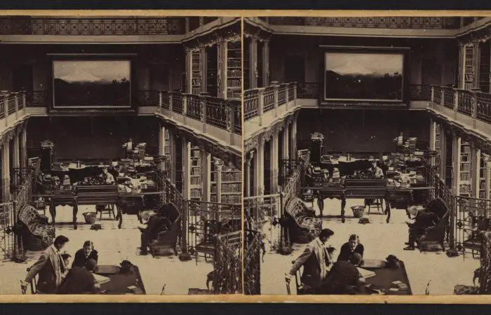 Stereograph showing an interior view of the Library of Congress with reading room and stacks in the U.S. Capitol building (1866)