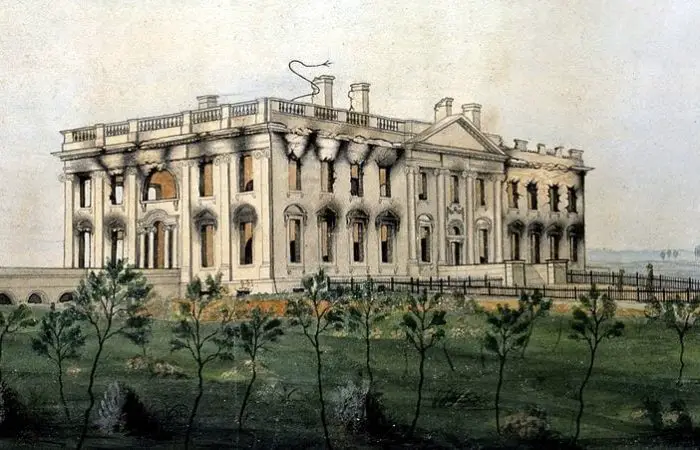 The White House ruins after the conflagration of August 24, 1814. Watercolor by George Munger (WIkipedia)