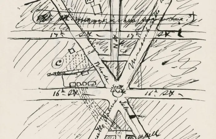 This is Bell’s hand-drawn map of downtown Washington, D.C., centered on Scott Circle. Rhode Island, Connecticut, and Massachusetts Avenues are all clearly visible on the map—as well as 15th through 19th Streets. At the intersection of Rhode Island Avenue and 15th Streets, Bell indicated the location of his Washington, D.C., residence by scrawling “A.G. Bell.” The National Geographic Society headquarters on M Street between 16th and 17th Streets would be located on the far left side of this map.
