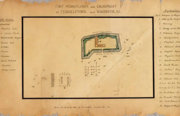 Fort Pennsylvania and encampment at Tennallytown near Washington, D.C. / drawn for Mr. George Baker by W.E. Cushing, Providence, R.I., 1862.