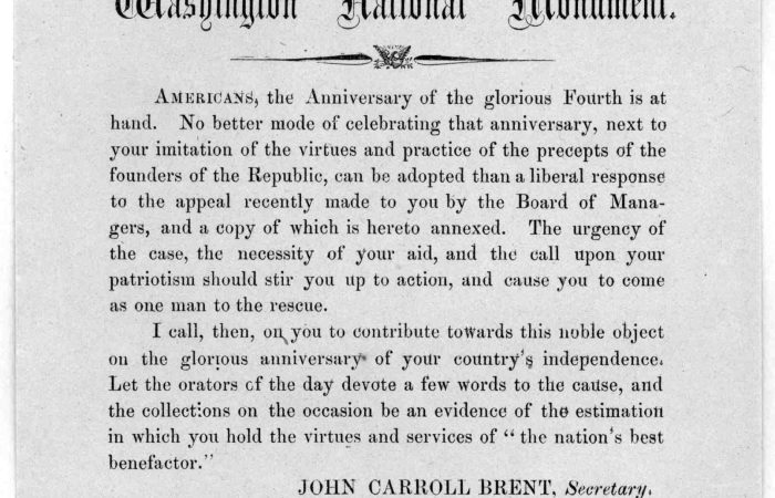 Leaflet calling for funds to help complete the Washington Monument by John Carroll Brent in 1854 (Library of Congress)