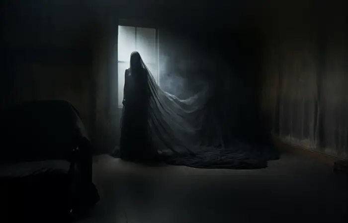 Ghostly woman in a black gown with a black veil