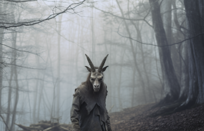 Scary photo of Maryland Goatman in the woods (Midjourney AI)